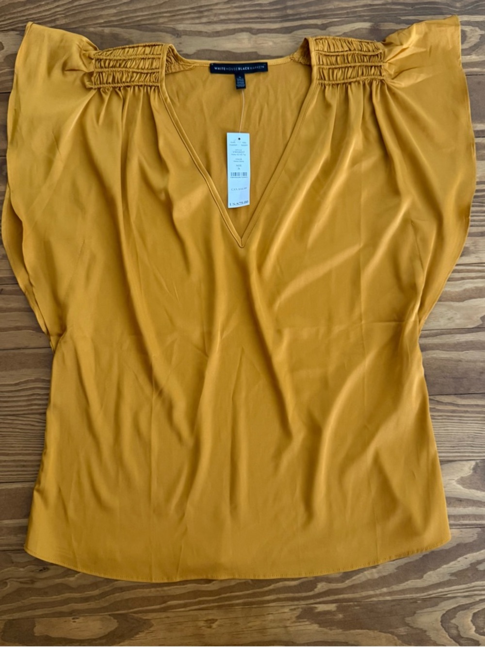 NWT White House Black Market Mustard V-Neck Flutter Sleeve Blouse Small